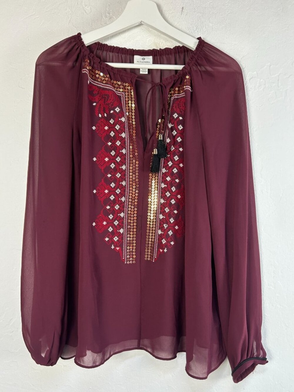 ALTUZARRA For Target Sheer Sequin Tunic Blouse Burgundy Embroidered Top Medium